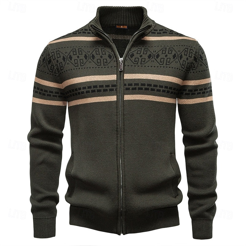 Women's Stand Collar Zip-Up Fair Isle Knit Cardigan – Military Green