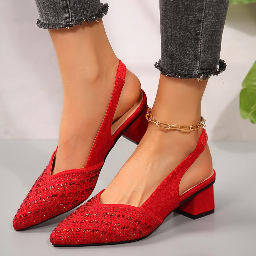 Women's Textured Sparkle Court Shoes with Block Heel – Red
