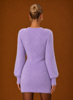 Women's Fuzzy V-Neck Bodycon Mini Sweater Dress with Balloon Sleeves