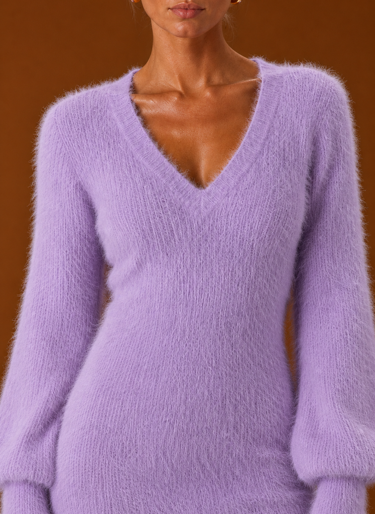 Women's Fuzzy V-Neck Bodycon Mini Sweater Dress with Balloon Sleeves