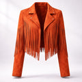 Women's Faux Suede Jacket with Fringe Sleeves – Orange