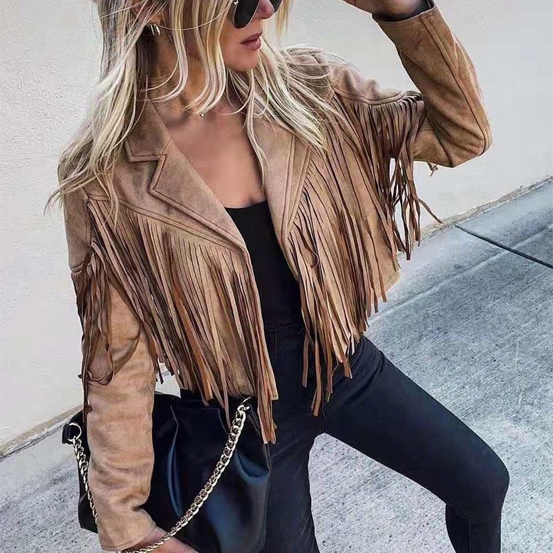 Women's Faux Suede Jacket with Fringe Sleeves