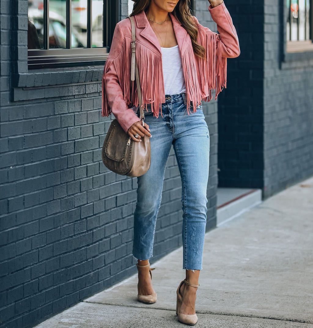 Women's Faux Suede Jacket with Fringe Sleeves