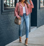 Women's Faux Suede Jacket with Fringe Sleeves