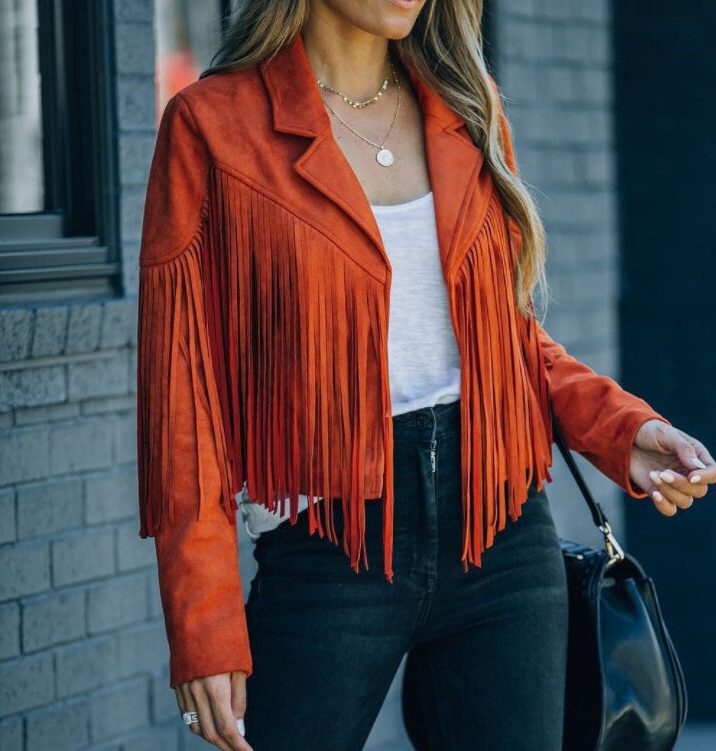 Women's Faux Suede Jacket with Fringe Sleeves