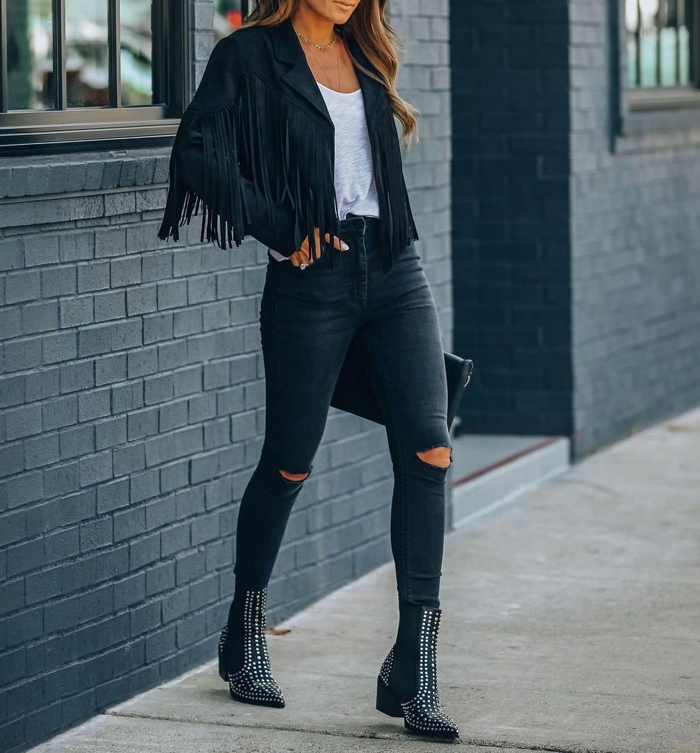 Women's Faux Suede Jacket with Fringe Sleeves