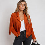 Women's Faux Suede Jacket with Fringe Sleeves