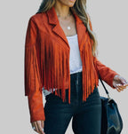 Women's Faux Suede Jacket with Fringe Sleeves