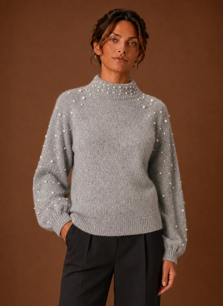 Women's Pearl-Embellished Knit Jumper – Light Grey