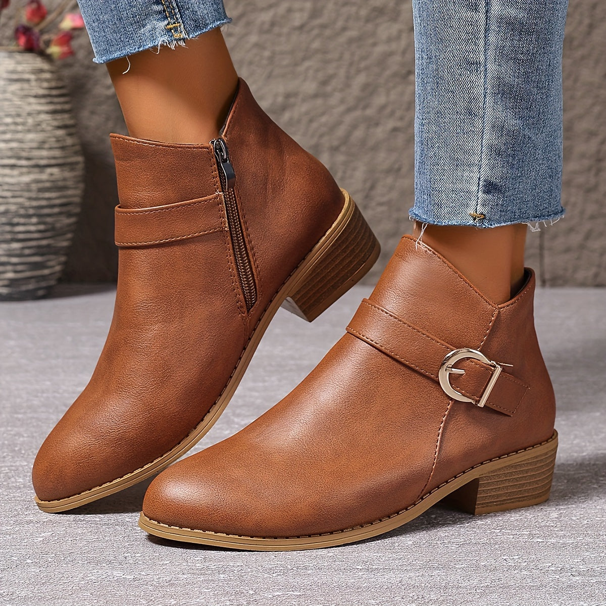 Women's Round Toe Chelsea Boots with Buckle Strap Detail – Brown