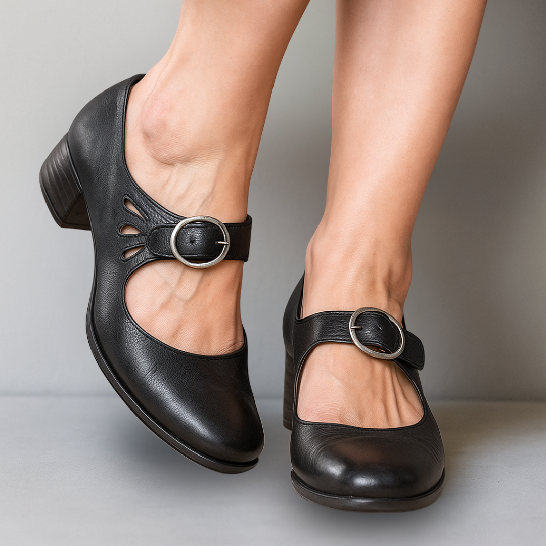Women's Buckled Ankle-Strap Court Shoes – Black