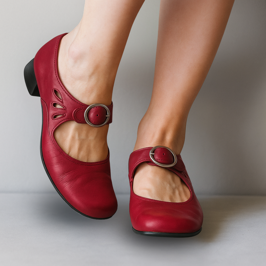 Women's Buckled Ankle-Strap Court Shoes – Red