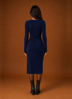 Women's Ribbed Twist-Front Bodycon Midi Sweater Dress with Slit