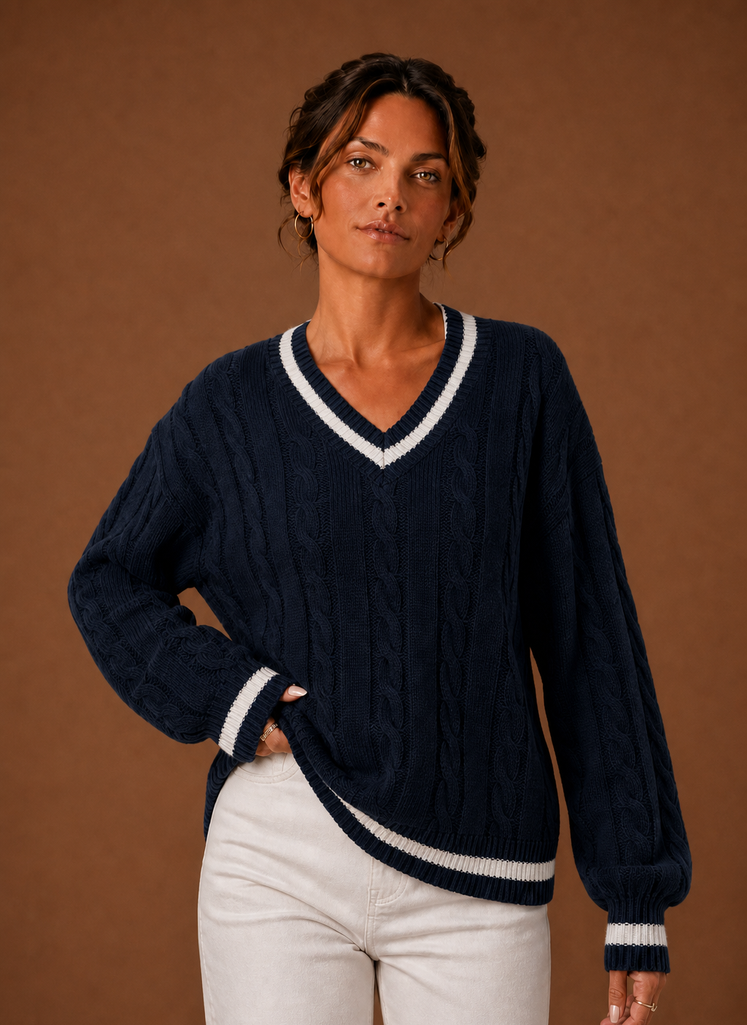 Women's V-Neck Cable-Knit Jumper – Navy