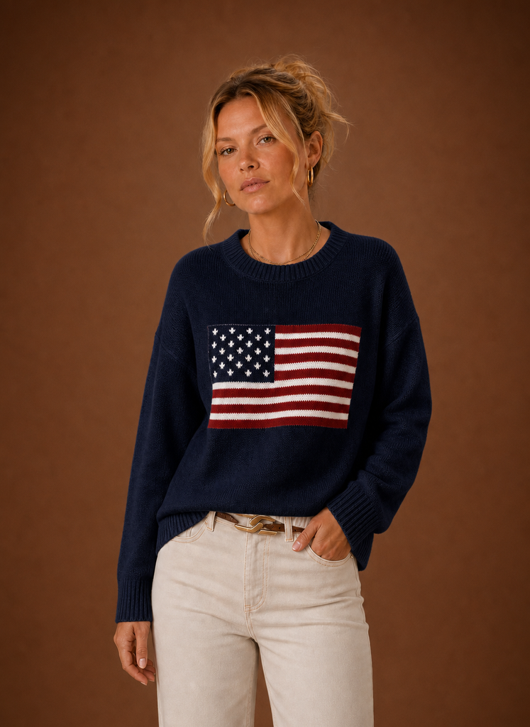 Women's Crew-Neck American Flag Knit Jumper – Navy
