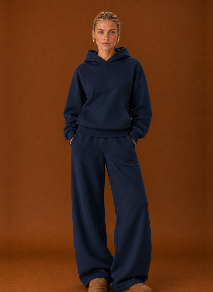 Women's Hoodie & Wide-Leg Joggers Tracksuit Set – Navy