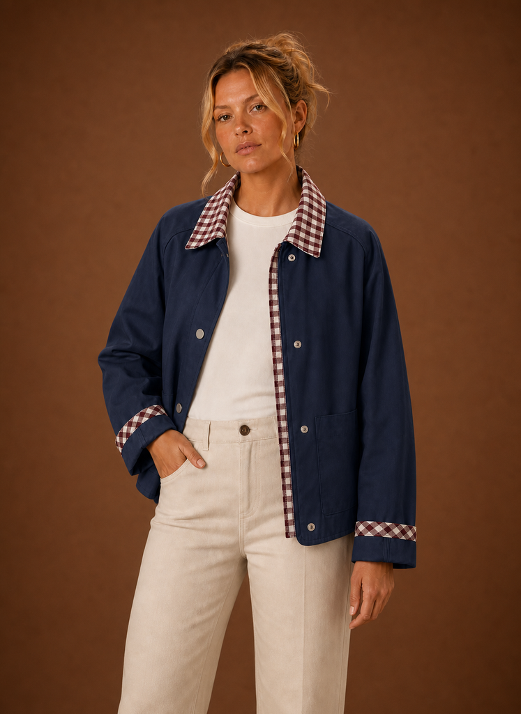 Women's Barn Jacket with Check Collar – Navy