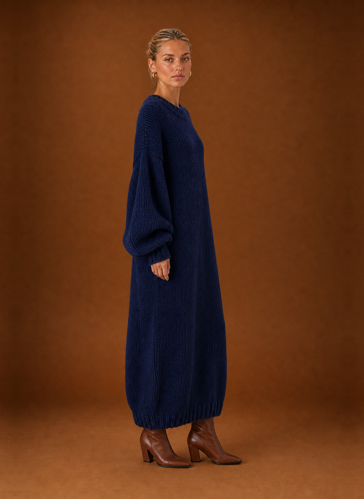 Women's Oversized Chunky Knit Maxi Sweater Dress with Balloon Sleeves