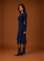 Women's Ribbed Twist-Front Bodycon Midi Sweater Dress with Slit
