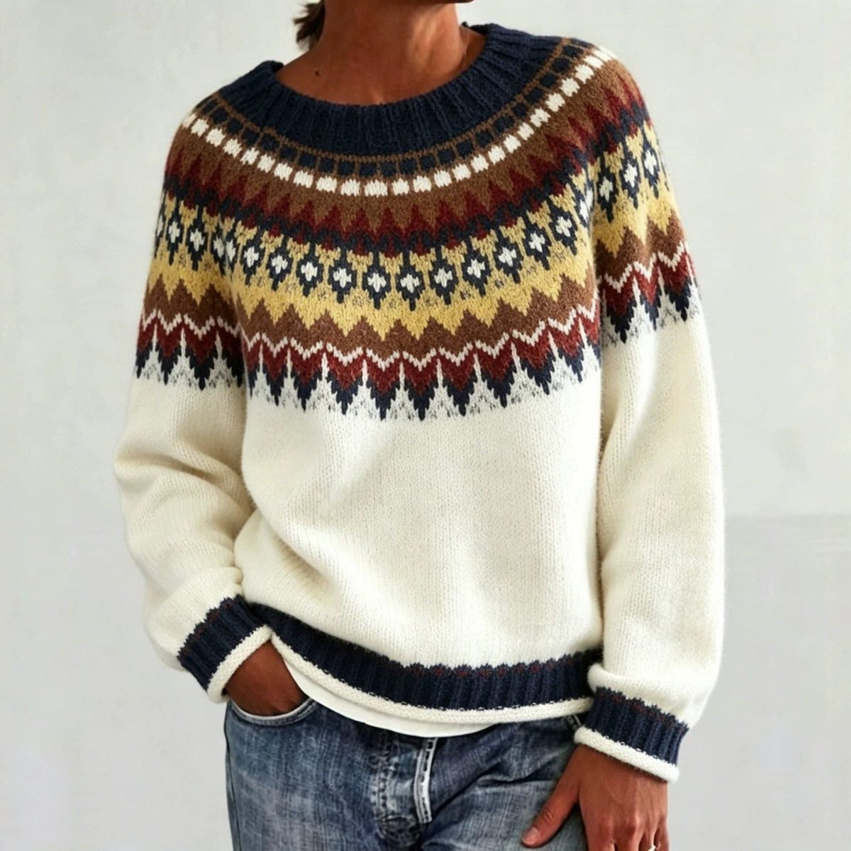 Women's Fair Isle Yoke Jumper with Plain Knit Body – Cream
