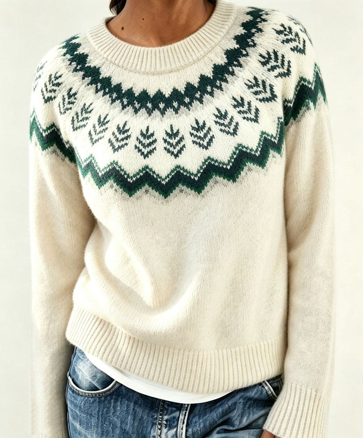 Women's Fair Isle Yoke Jumper with Plain Knit Body – Cream White