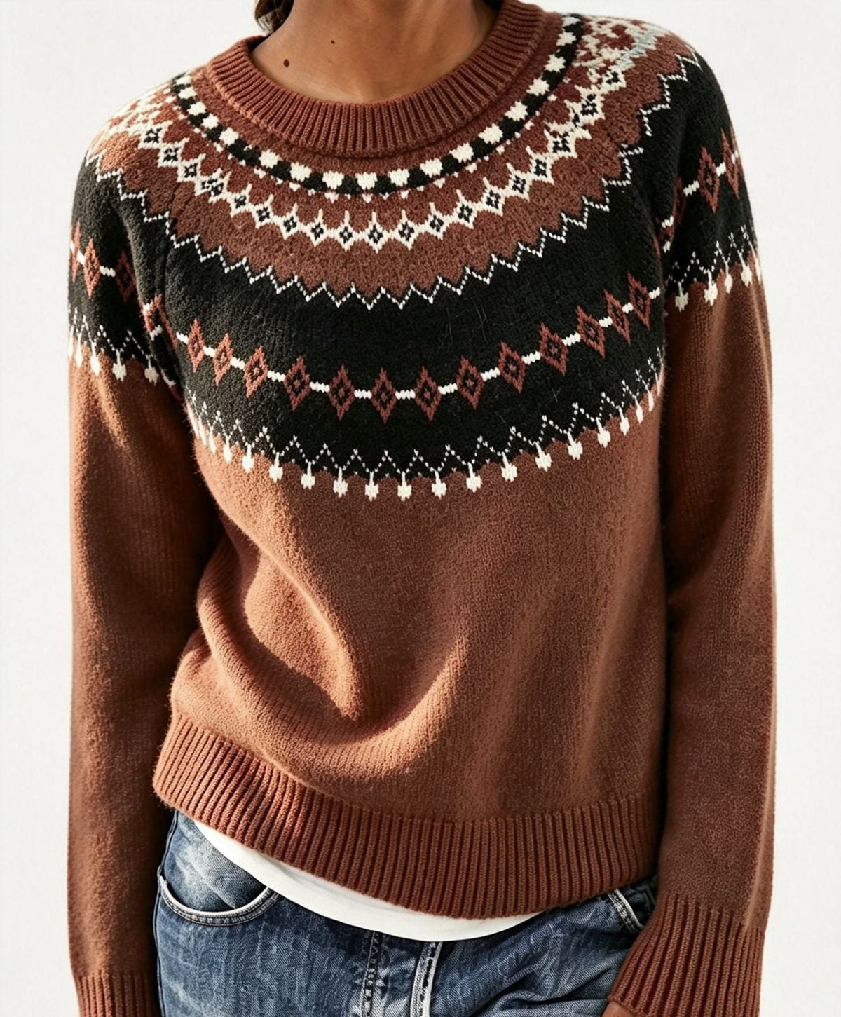Women's Fair Isle Yoke Jumper with Plain Knit Body – Brick Red