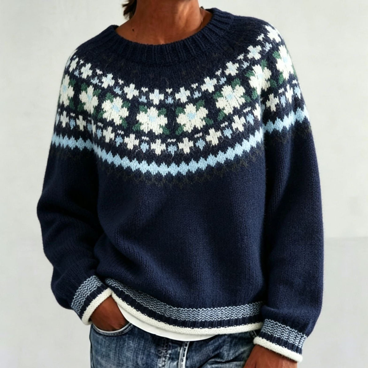 Women's Fair Isle Yoke Jumper with Plain Knit Body – Navy Blue