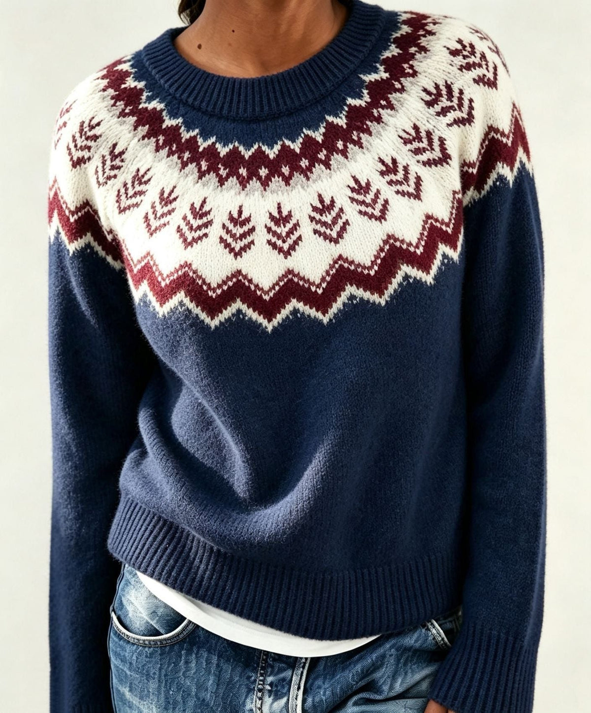 Women's Fair Isle Yoke Jumper with Plain Knit Body – Dark Blue