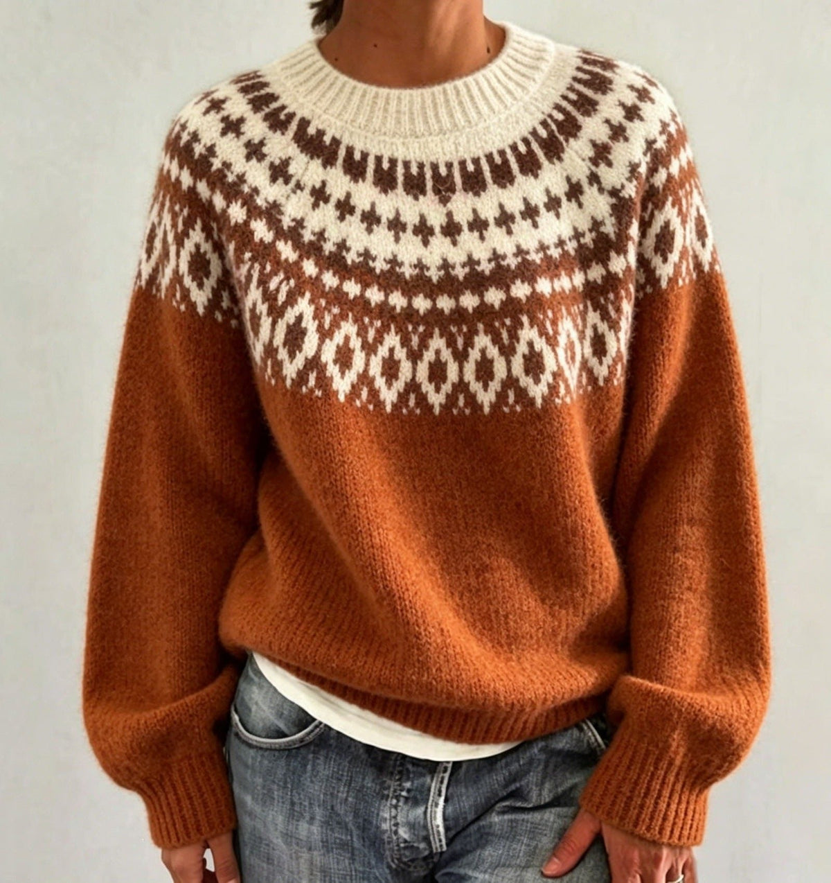 Women's Fair Isle Yoke Jumper with Plain Knit Body – Caramel