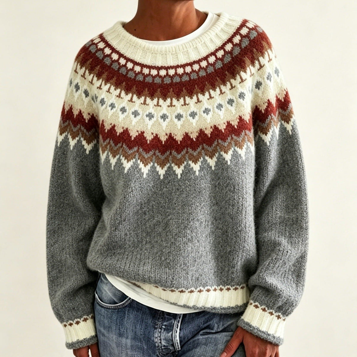 Women's Fair Isle Yoke Jumper with Plain Knit Body – Grey