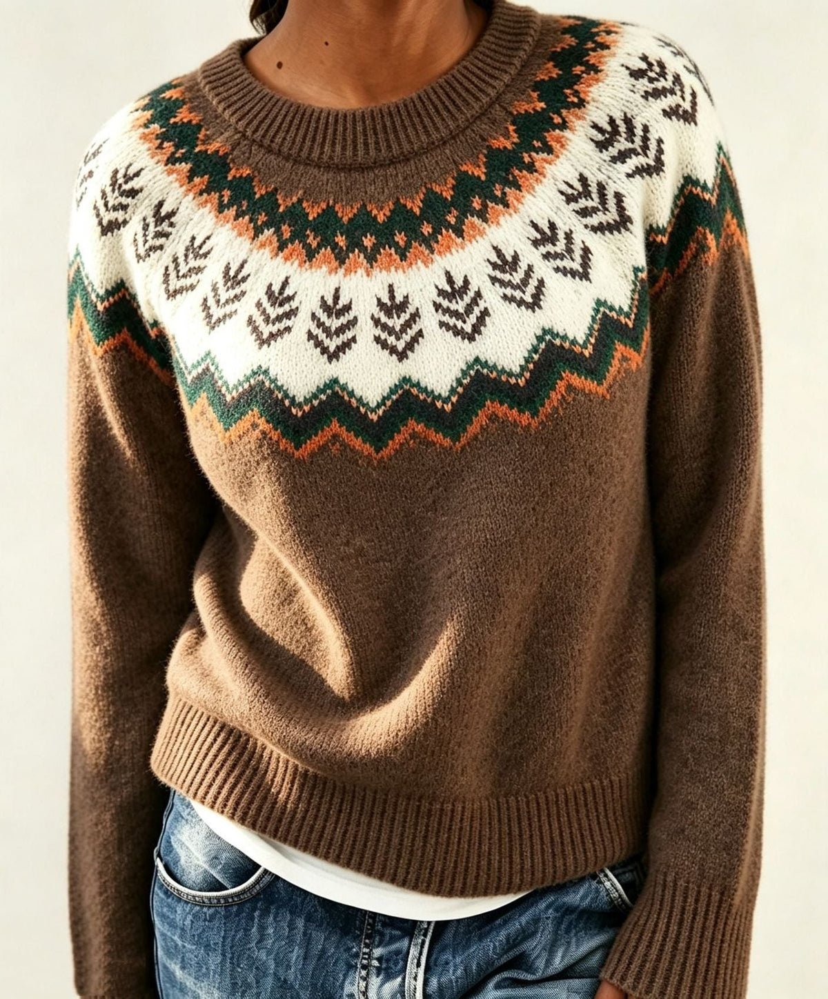 Women's Fair Isle Yoke Jumper with Plain Knit Body – Brown