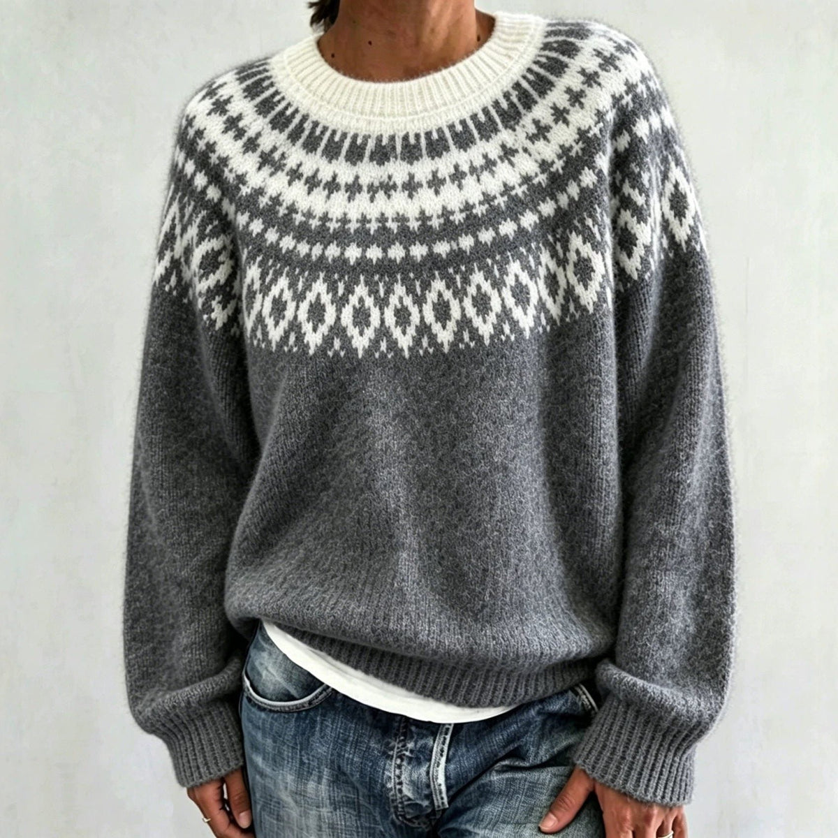 Women's Fair Isle Yoke Jumper with Plain Knit Body – Dark Grey
