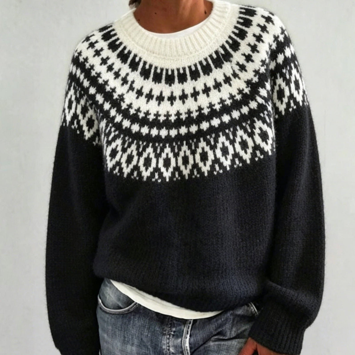 Women's Fair Isle Yoke Jumper with Plain Knit Body – Black