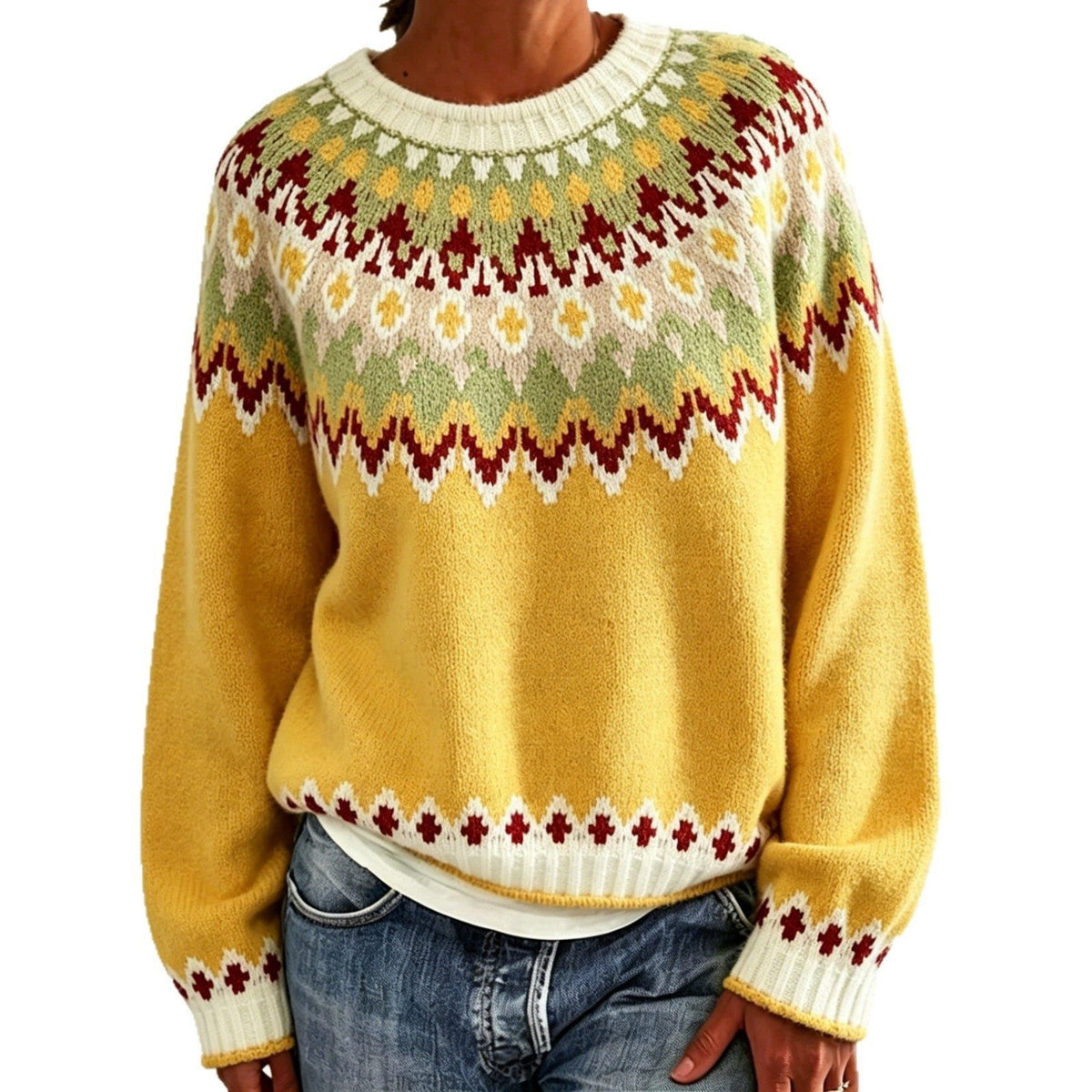 Women's Fair Isle Yoke Jumper with Plain Knit Body – Yellow
