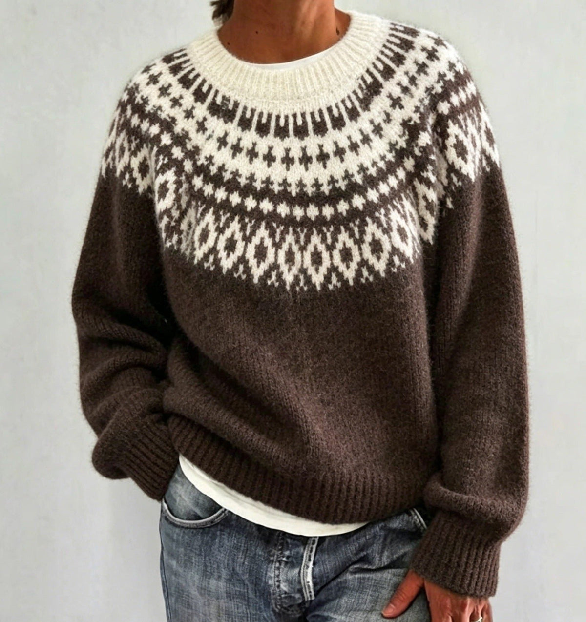 Women's Fair Isle Yoke Jumper with Plain Knit Body – Dark Brown