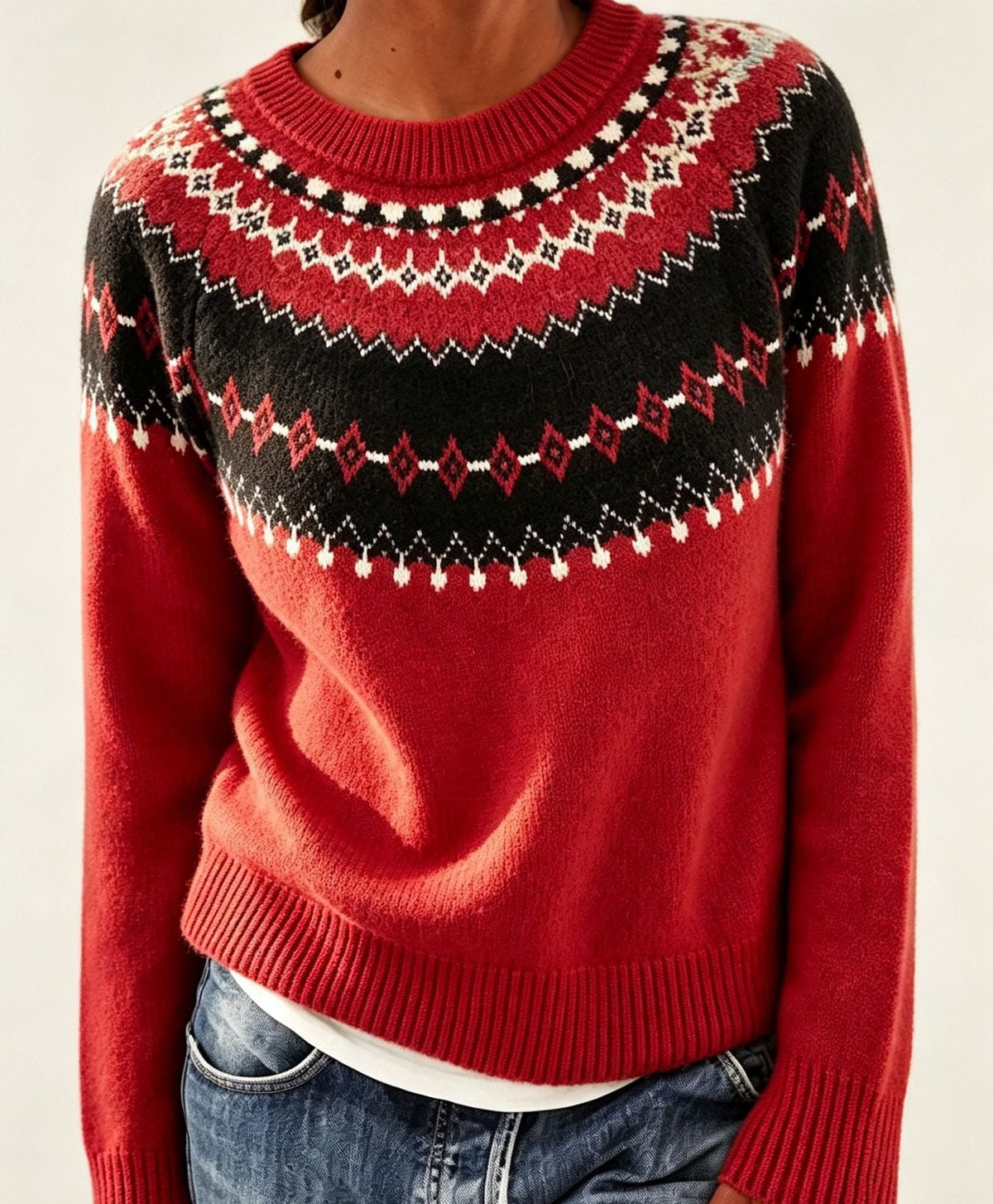 Women's Fair Isle Yoke Jumper with Plain Knit Body – Red