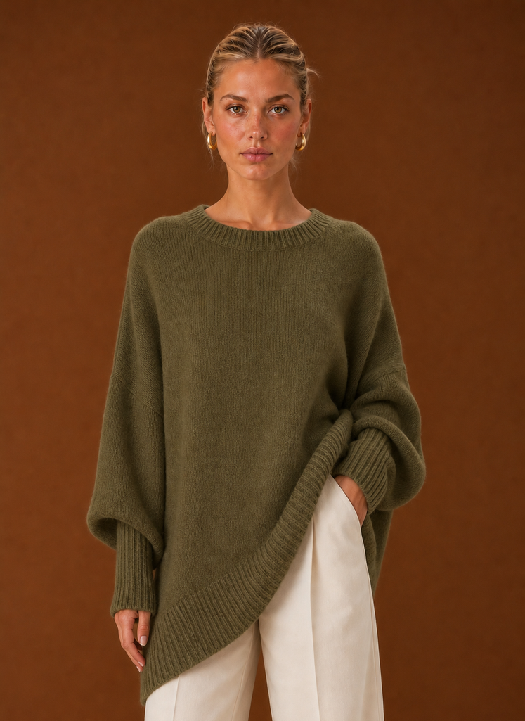 Women's Oversized Crew-Neck Knit Jumper – Olive