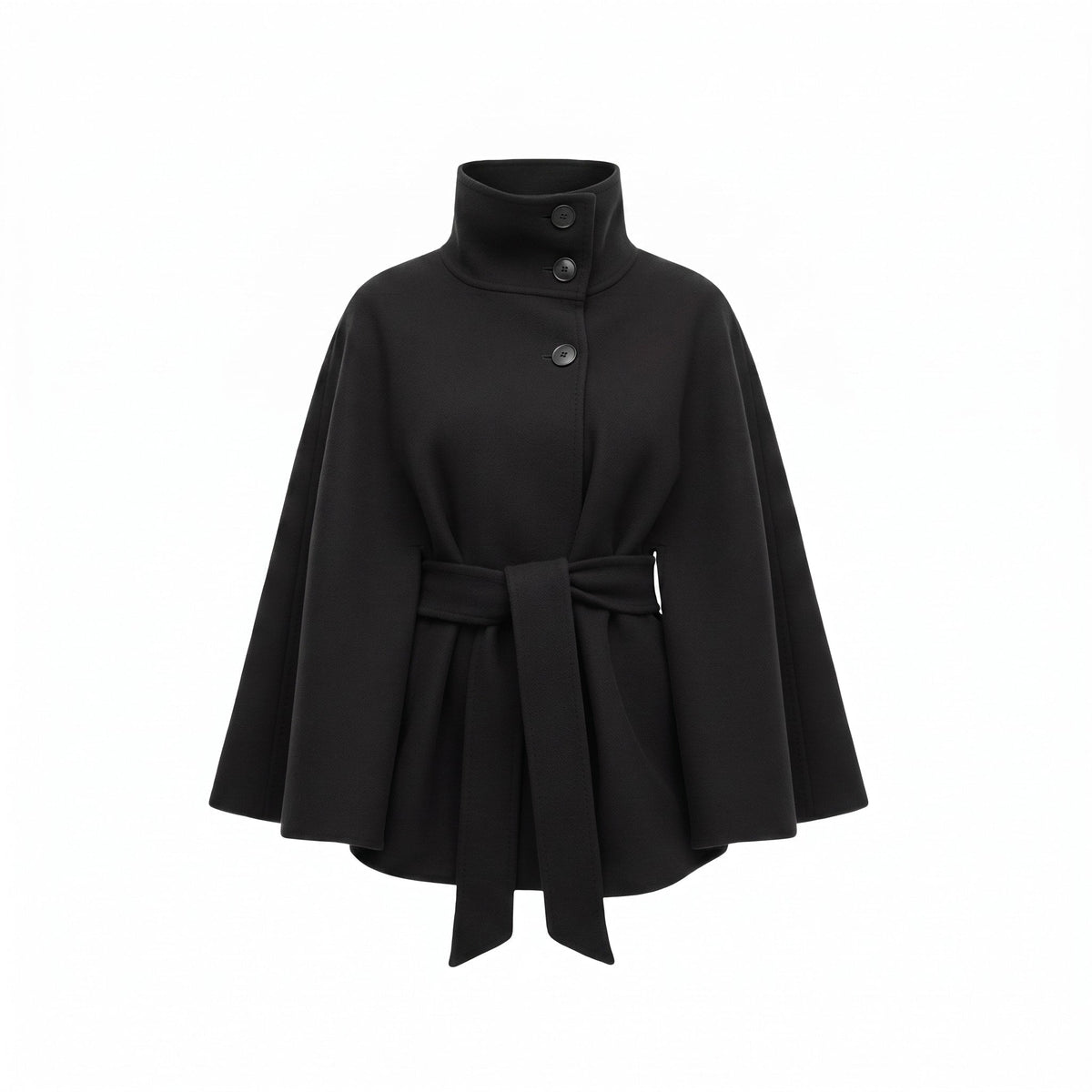 Women's Belted High-Neck Cape Coat with Batwing Sleeves – Black