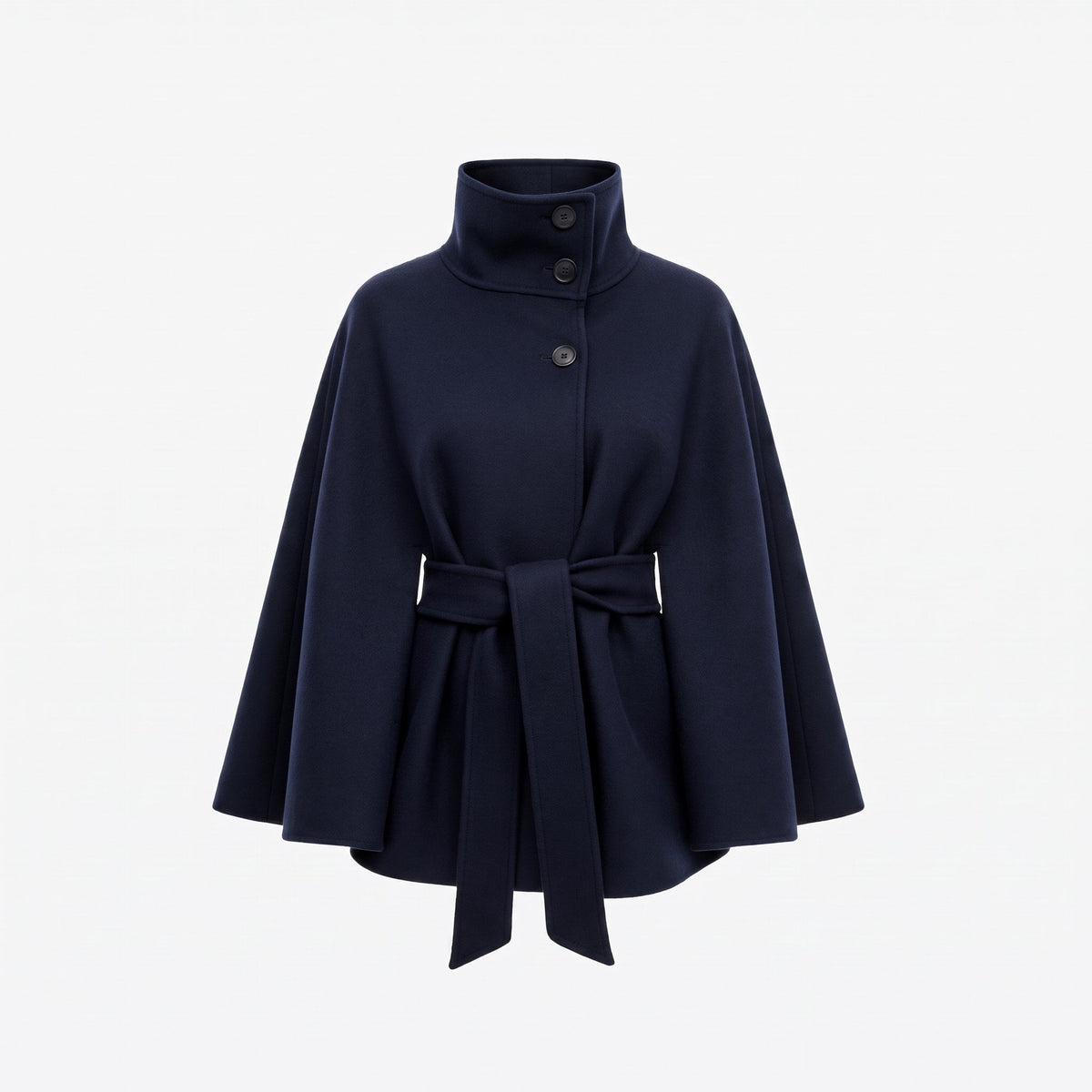 Women's Belted High-Neck Cape Coat with Batwing Sleeves – Navy