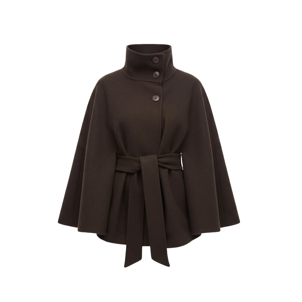 Women's Belted High-Neck Cape Coat with Batwing Sleeves – Brown