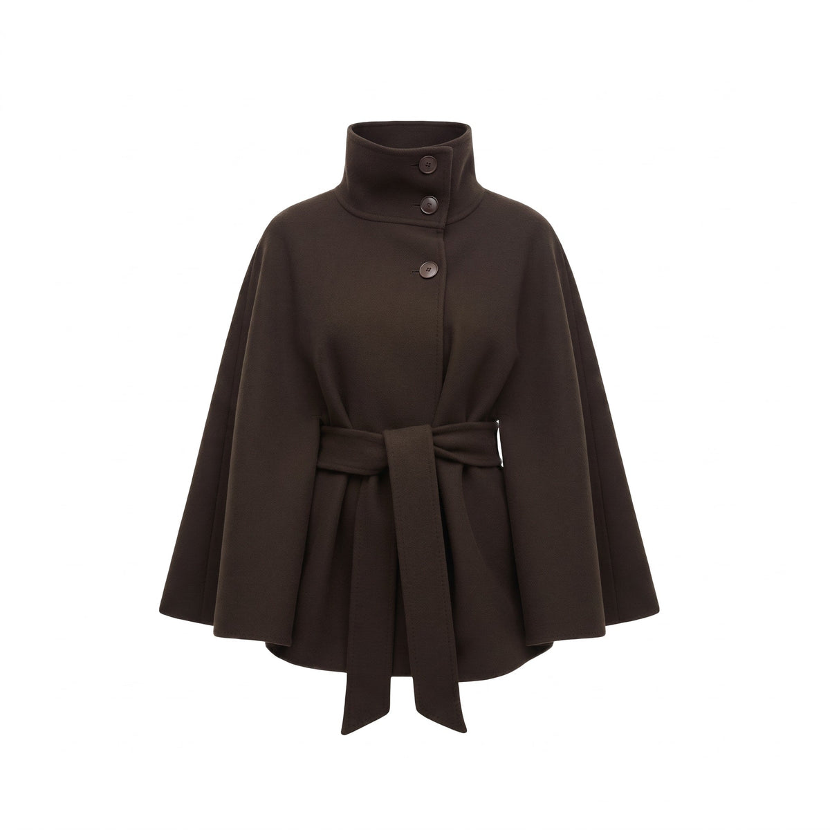 Women's Belted High-Neck Cape Coat with Batwing Sleeves – Brown