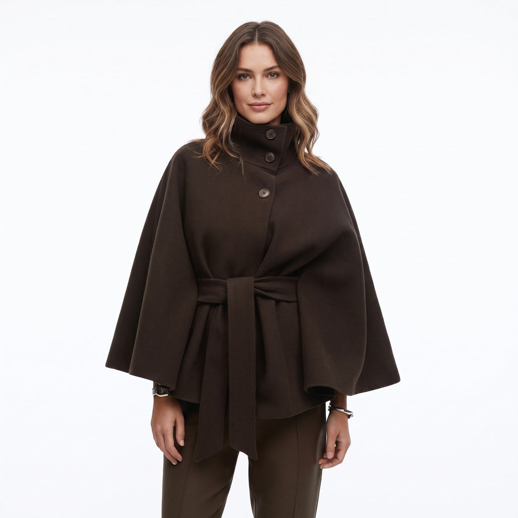 Women's Belted High-Neck Cape Coat with Batwing Sleeves