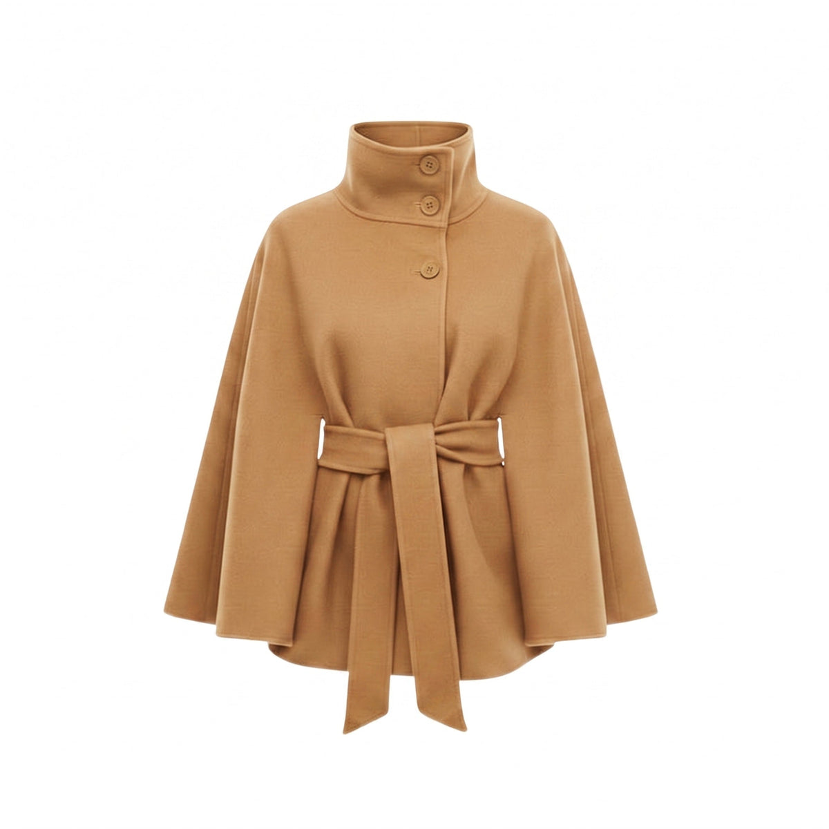 Women's Belted High-Neck Cape Coat with Batwing Sleeves – Khaki
