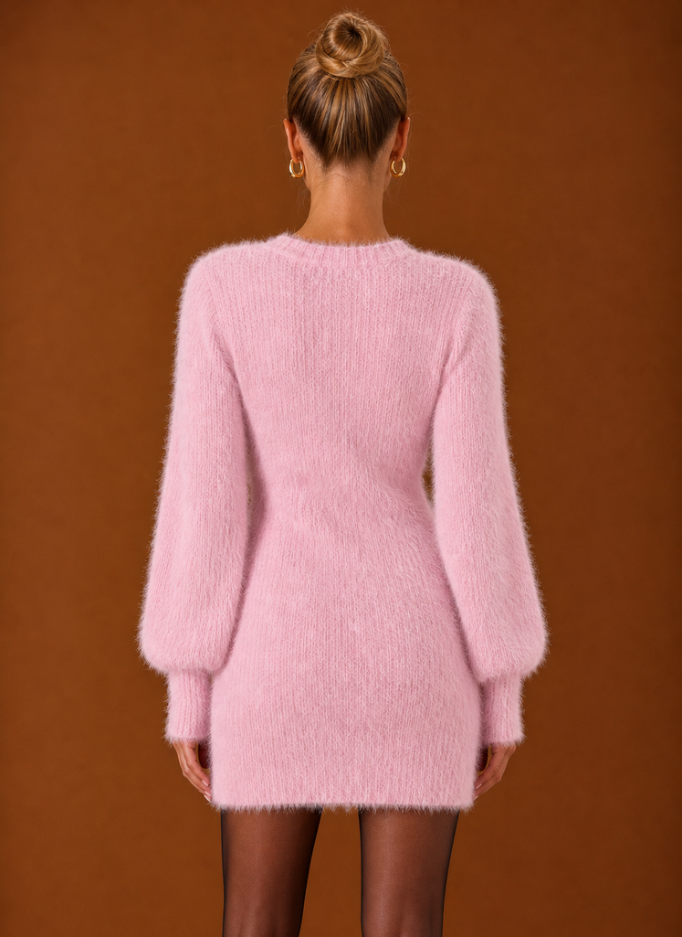 Women's Fuzzy V-Neck Bodycon Mini Sweater Dress with Balloon Sleeves