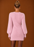 Women's Fuzzy V-Neck Bodycon Mini Sweater Dress with Balloon Sleeves