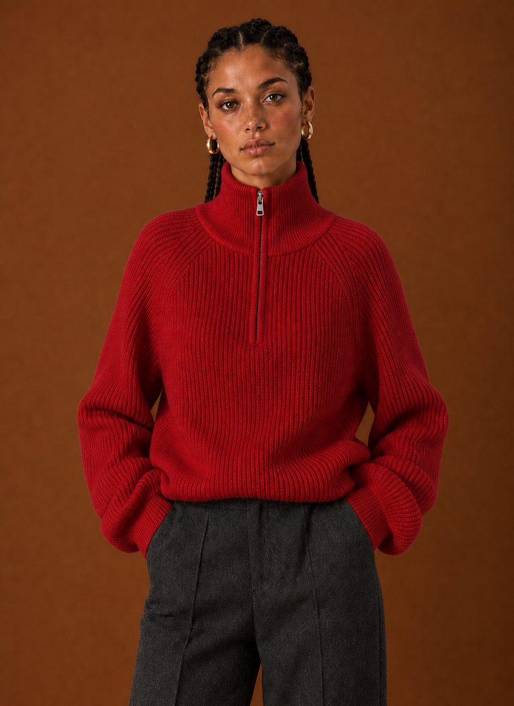 Women's Quarter-Zip Knit Jumper – Red