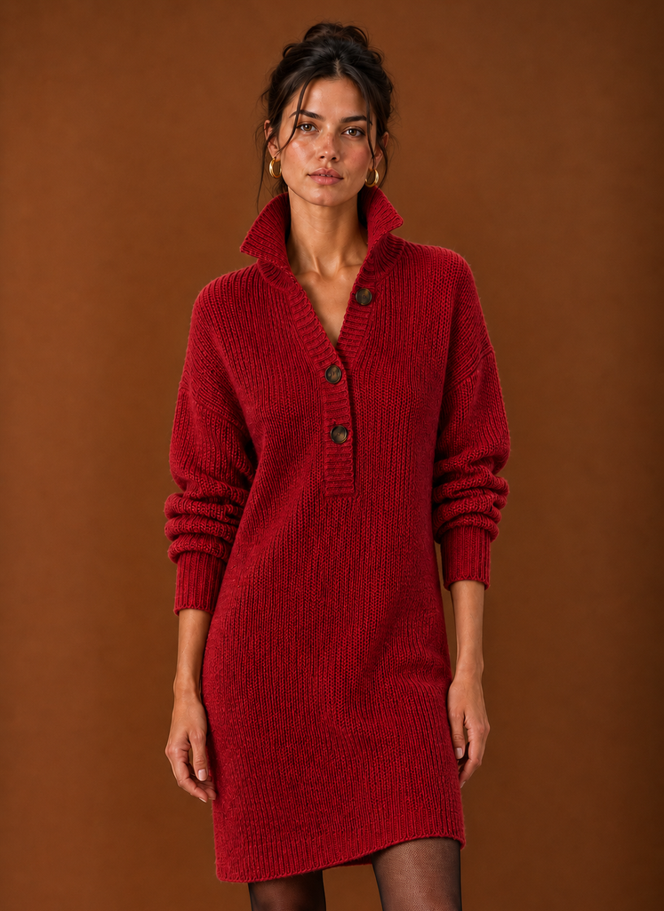 Women's Collared Henley Knit Sweater Dress – Red