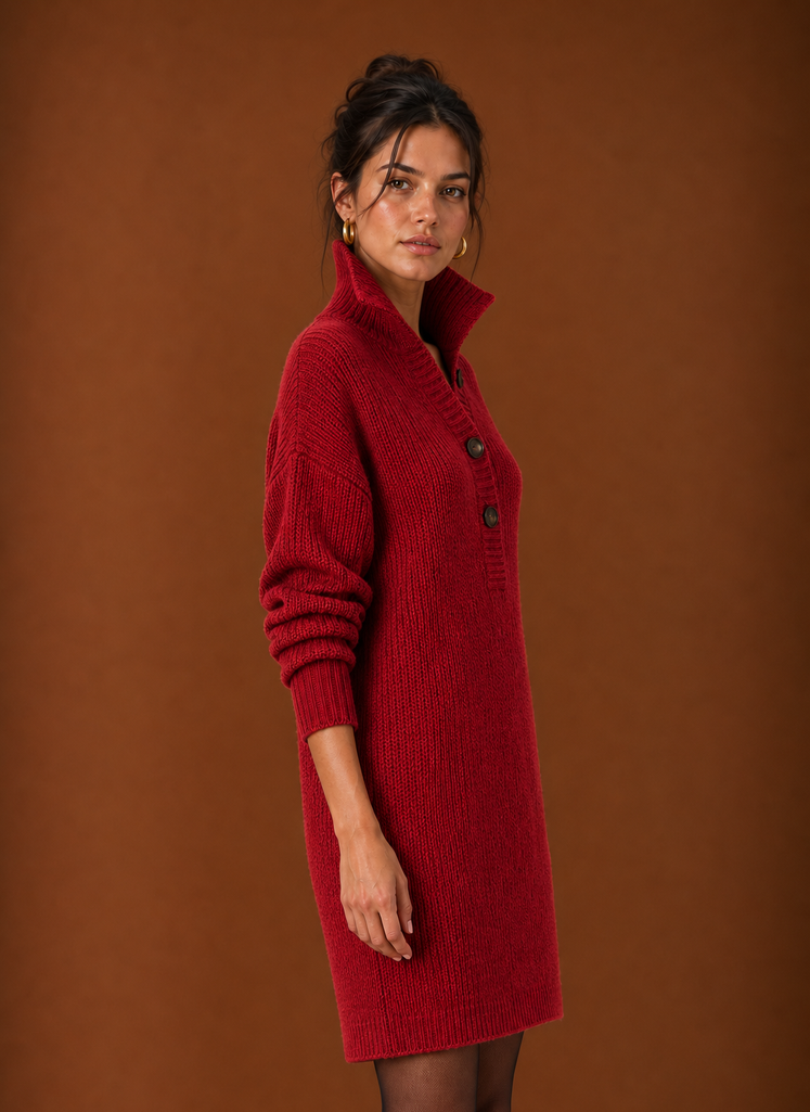 Women's Collared Henley Knit Sweater Dress