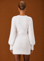 Women's Fuzzy V-Neck Bodycon Mini Sweater Dress with Balloon Sleeves