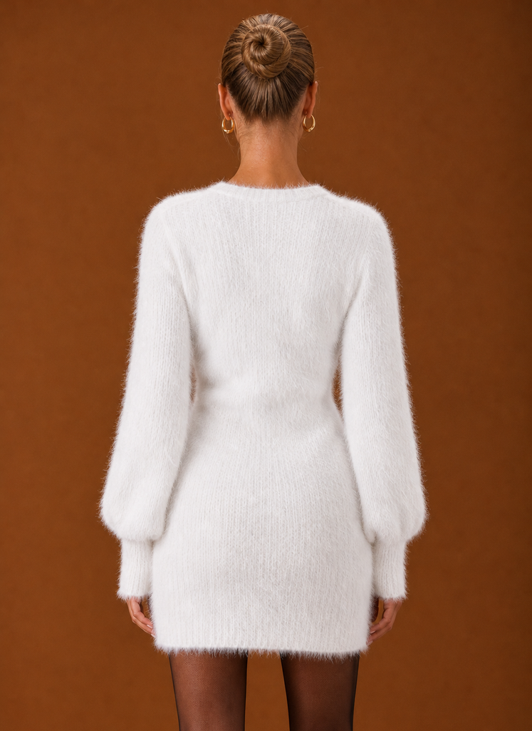 Women's Fuzzy V-Neck Bodycon Mini Sweater Dress with Balloon Sleeves